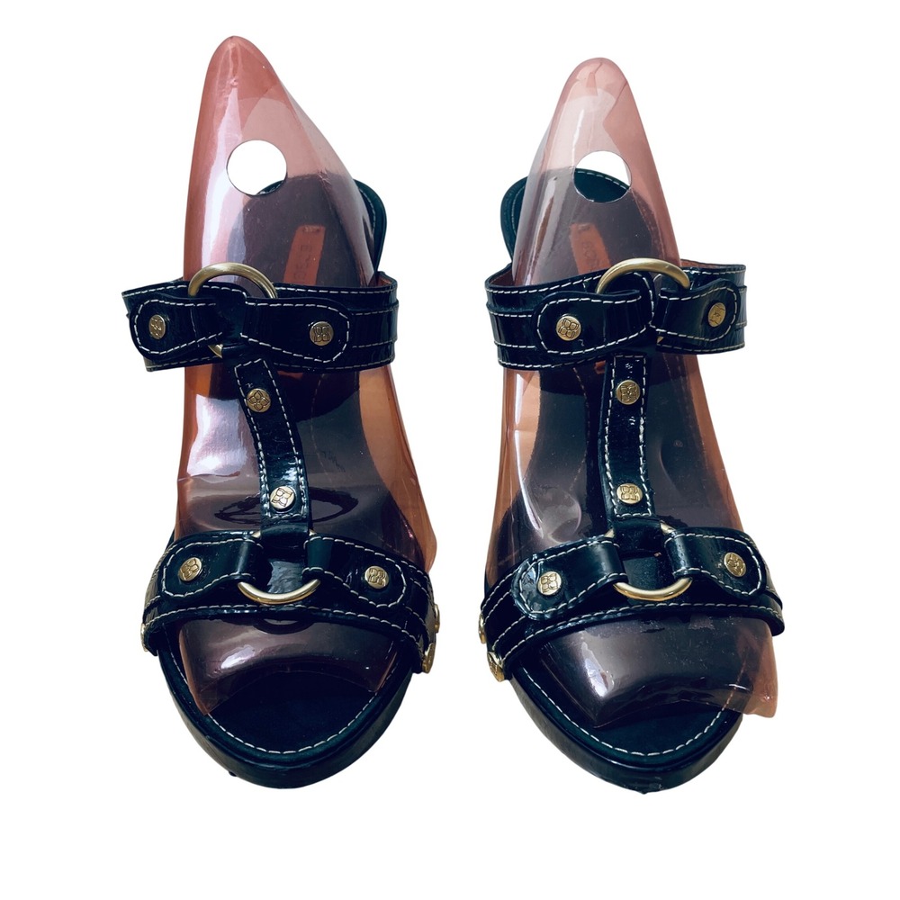 BCBGMAXAZRIA Womens Black Patent Leather T-Strap Mule Heels Gold Studded 7.5 B
